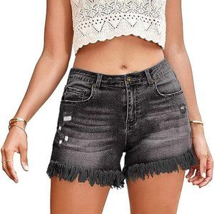 Women's Casual Mid Rise Gray Black Distessed Jean Shorts Raw Hem Size Medium EUC